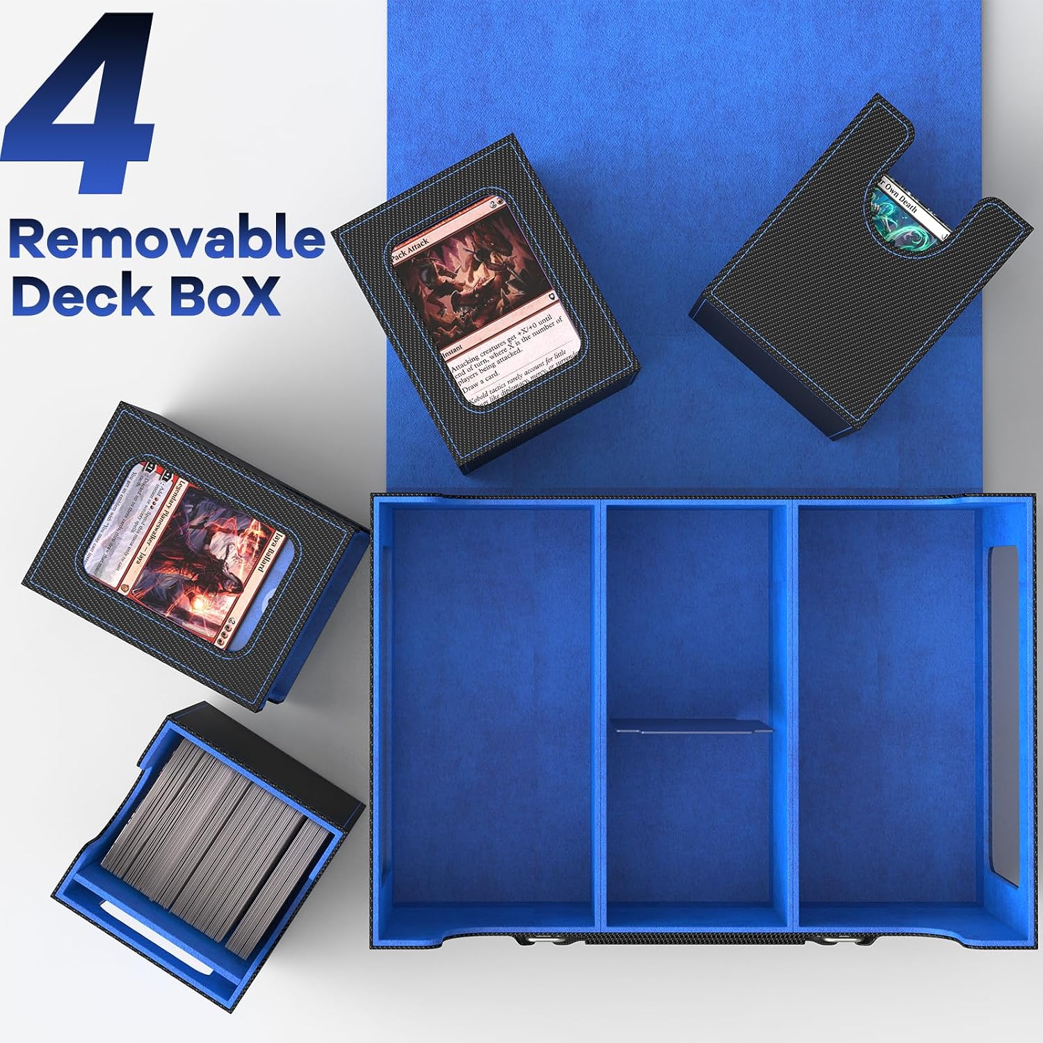 Commander Deck Box for MTG Fits 400+ Double-Sleeved Card Storage, 4 IN 1 Removable Card Case with Multi-purpose Deck Case, Display Window for TCG/PTCG/EDH, 4 Magnetic One Touch Holders(Black Blue)
