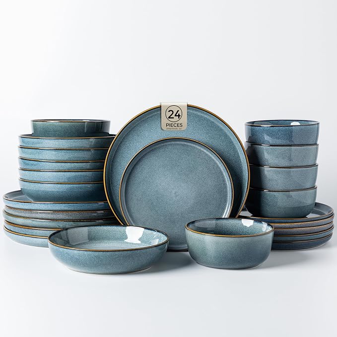GBHOME 16 Pieces Double Bowls Ceramic Dinnerware Sets for 4, Stoneware Plates and Bowls Set with Reactive Glaze, Scratch Resistant Stoneware Dishes Set, Dishwasher & Microwave Safe