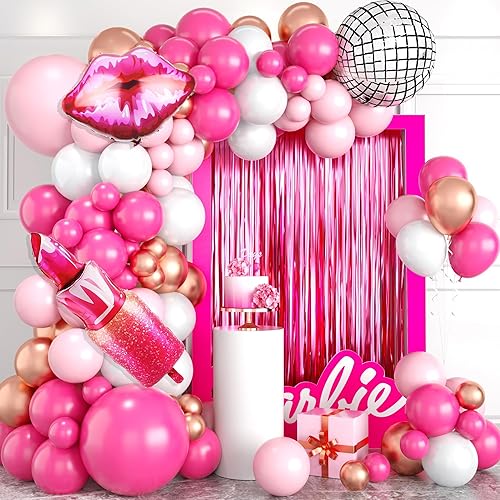 Kit de arco de guirnalda de globos rosados, arco de globos de oro rosa intenso, suministros de fiesta de cumpleaños para niñas con globo de