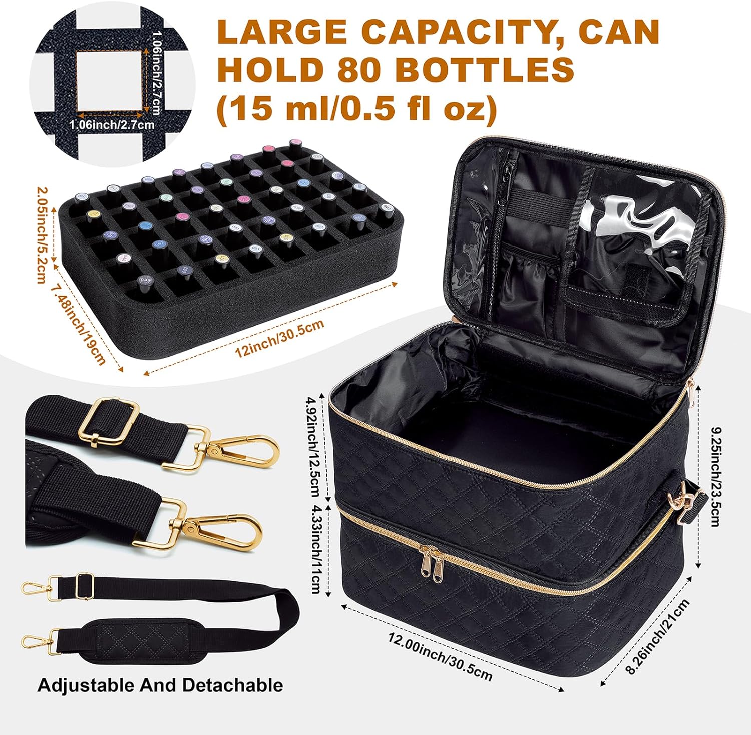Double Layer Nail Polish Organizer - Hold 80 Bottles Nail Polish (15ml - 0.5 fl.oz), Nail Polish Travel Case for Gel Polish and Manicure Tools,Black