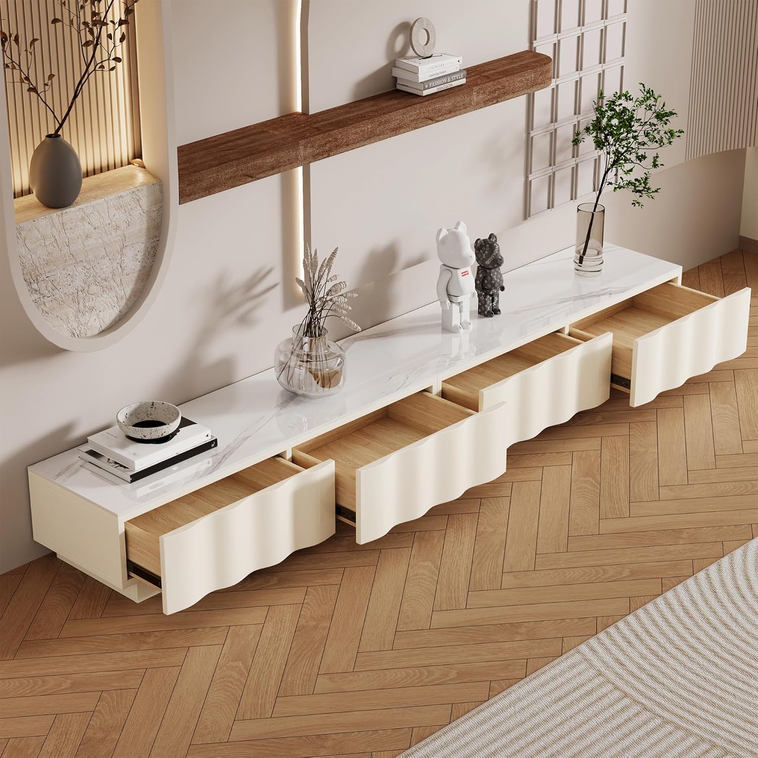 White TV Stand with Storage, Modern Entertainment Center with Sintered Stone Top, Floor Media Console Large TV Console for Living Room, 94.5"
