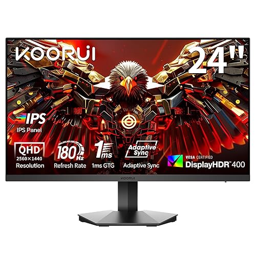 KOORUI 24 inch Gaming Monitor WQHD (2560 x 1440),180Hz,1ms GTG, IPS, HDR400, Adaptive Sync, HDMI, Displayport, Tilt Adjustable, VESA, Black, G2421V - 24"/QHD/180Hz/IPS