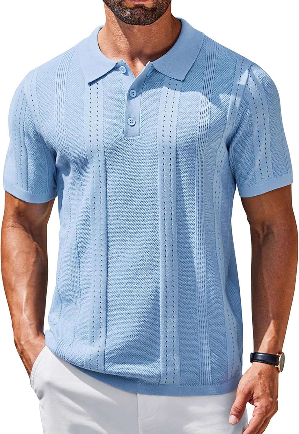 COOFANDY Mens Knit Polo Shirts Short Sleeve Textured Button Down Polo Shirt Cuban Guayabera Summer Beach Shirts