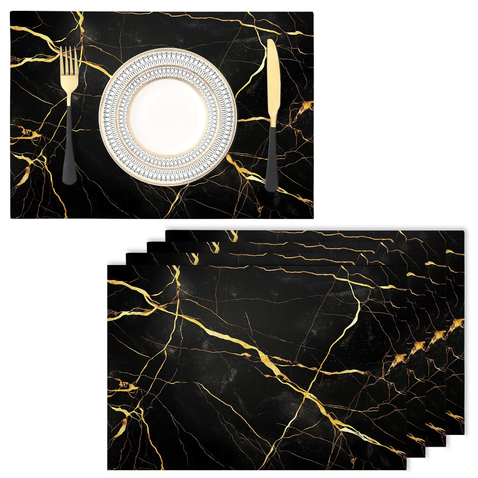 Set de table en lin de coton noir effet marbre antidérapant lot de 4