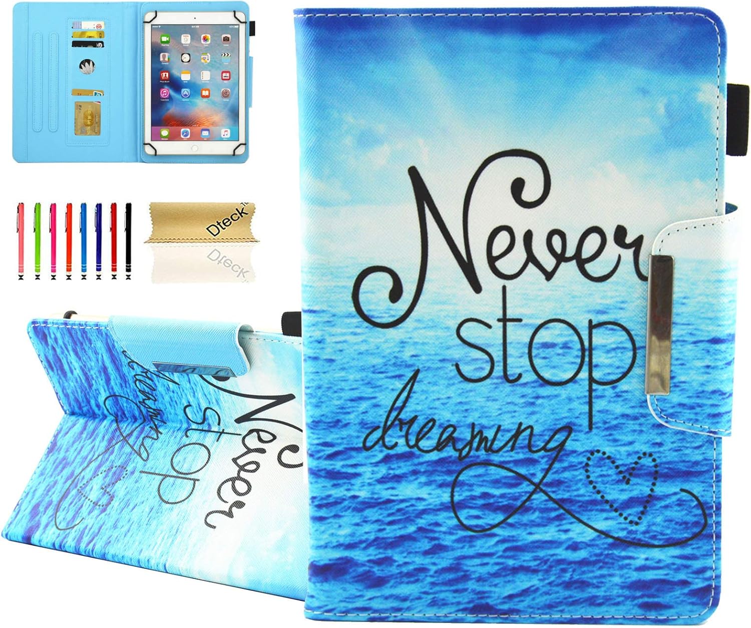 Dteck Universal Tablet Case for iPad/Samsung/Lenovo/Android 15/14/13/12/11 Tablet (9.6/9.7/10/10.1/10.2/10.36/10.4/10.5 Inch), PU Leather Solid Folio Case with Kickstand/Hand Strap/Pocket/Slots, Black