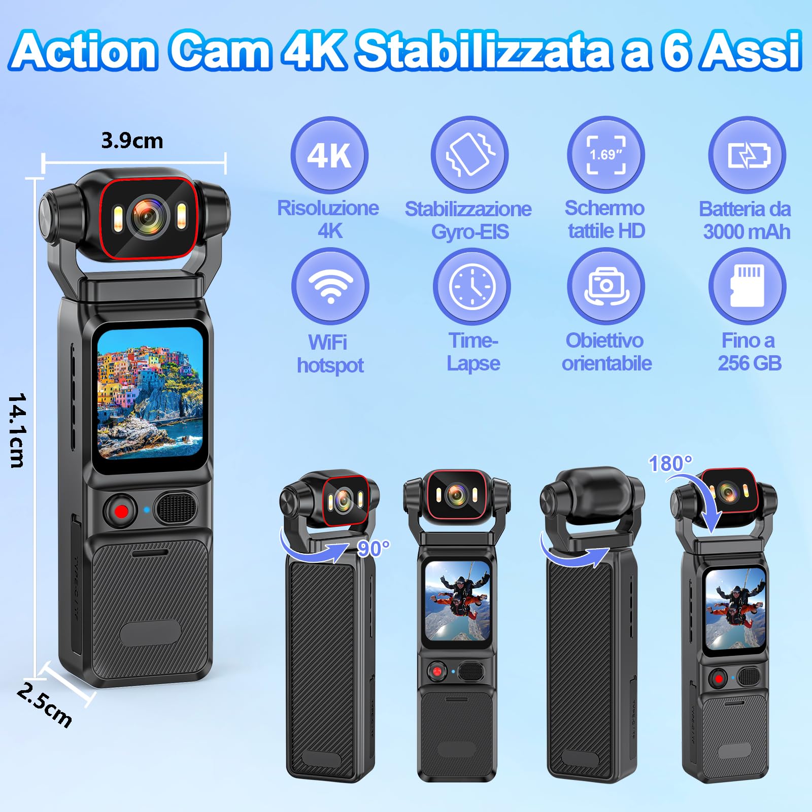 Action Cam 4K WiFi 160° Grandangolo 6 Assi, per Vlog e Viaggi | 5h batteria, 3000mAh, 256GB SD, obiettivo orientabile, LED integrato