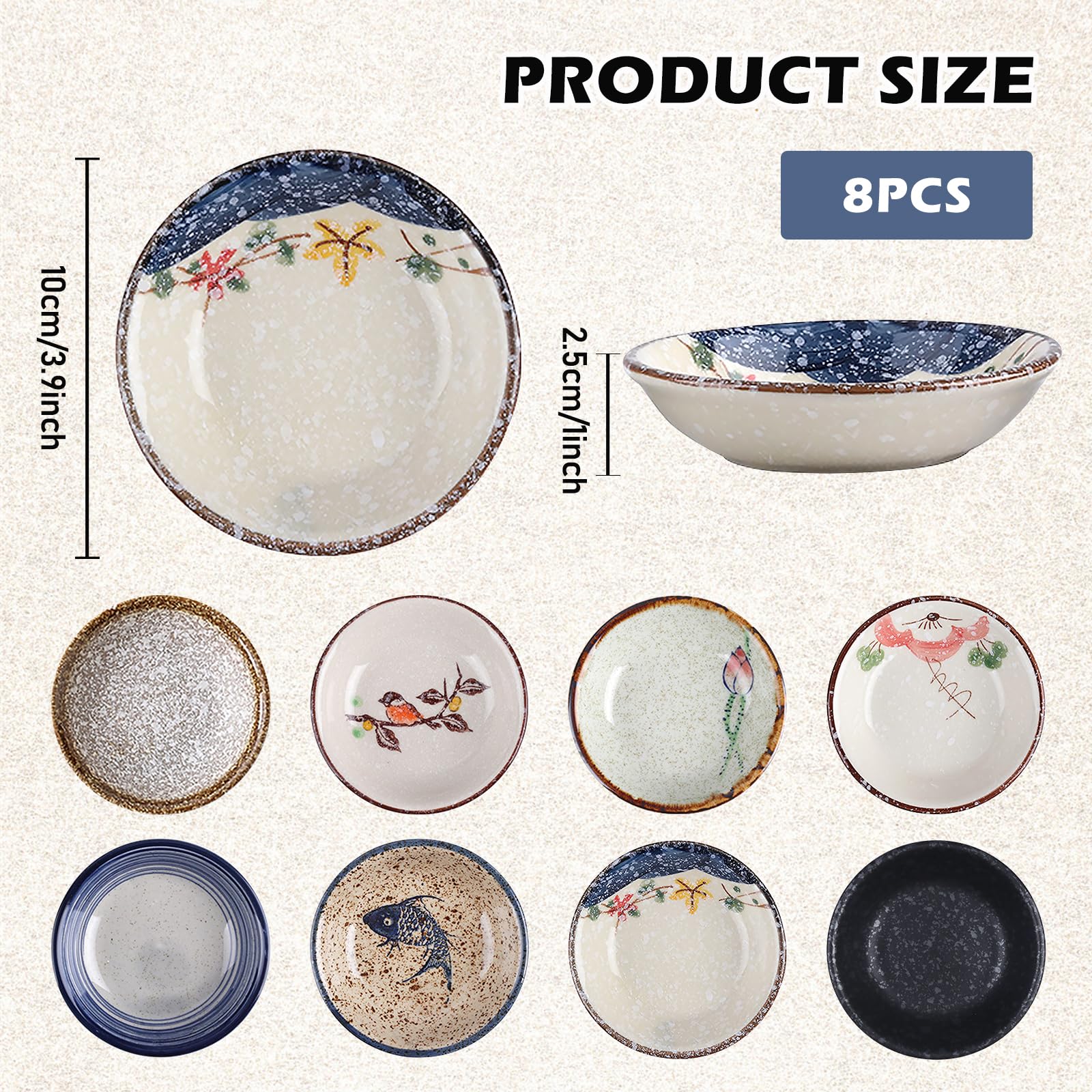 Sizikato 4 Ciotoline In Ceramica Retrò A Righe – Da 10 Cm Per Salse, Snack, Sushi, Dessert E Frutta - 4