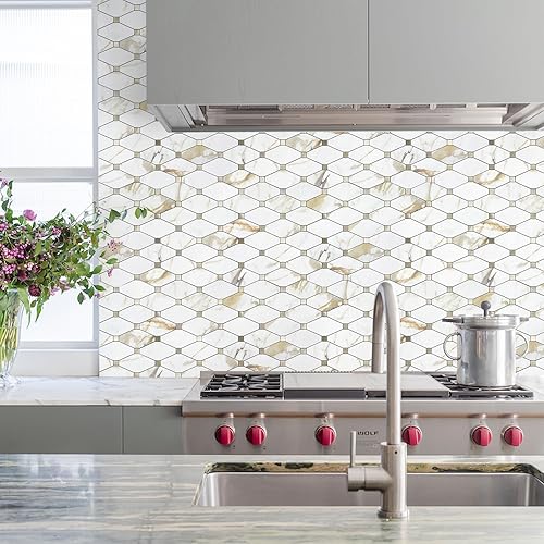 Miniatura 2 de STICKGOO Calacatta Golden Stick - 10 hojas para despegar y pegar, azulejos compuestos de aluminio, autoadhesivos de metal mixto para cocina, baño,