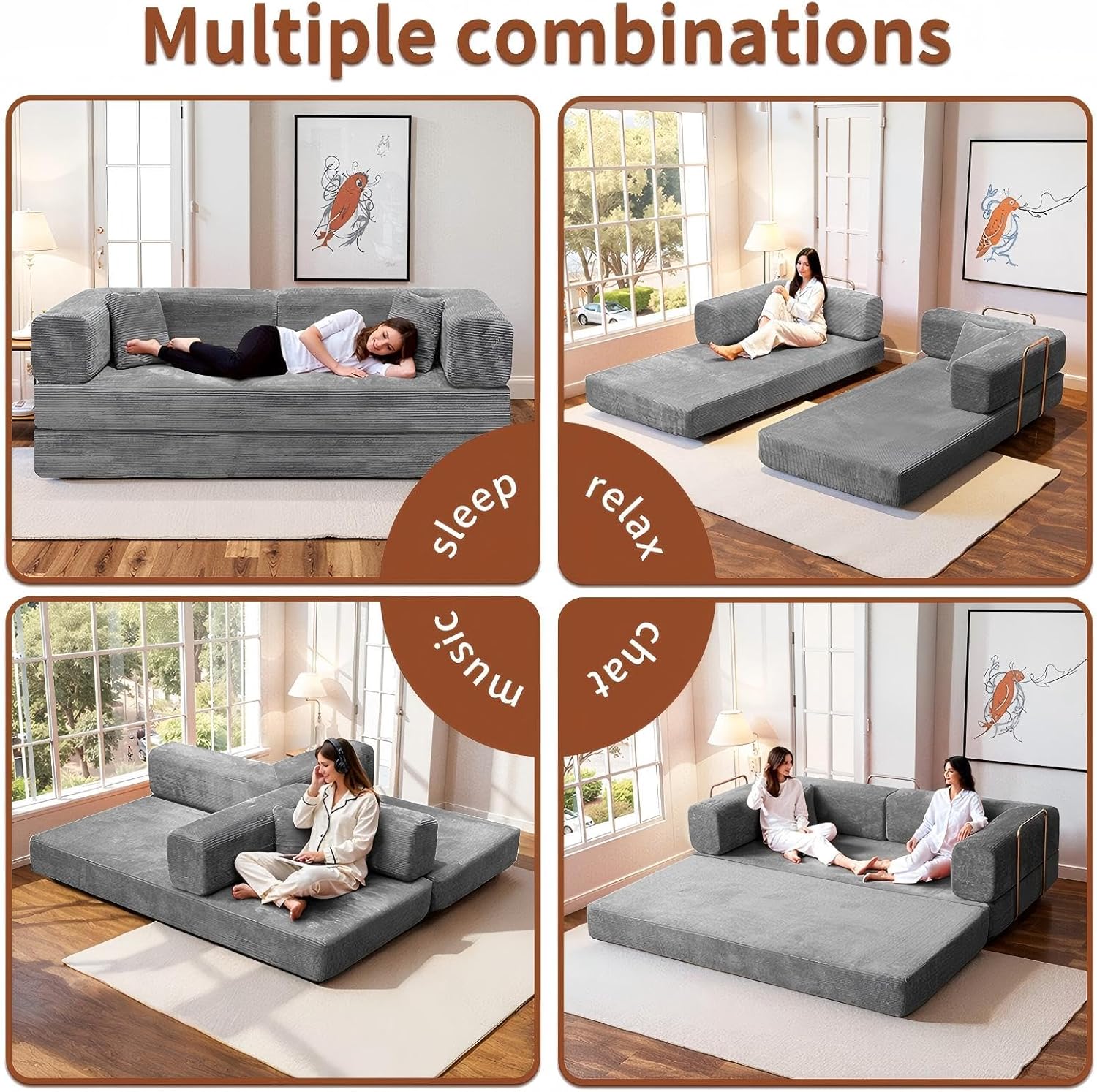 79 Inch Convertible Sofa Bed Couch in Box, 5 in 1 Folding Modular Boneless Couch with Pull Out Bed 2 Pillows, Soft Corduroy Floor Futon Lounge Loveseat Sleeper Lazy Cama No Assembly Light Grey