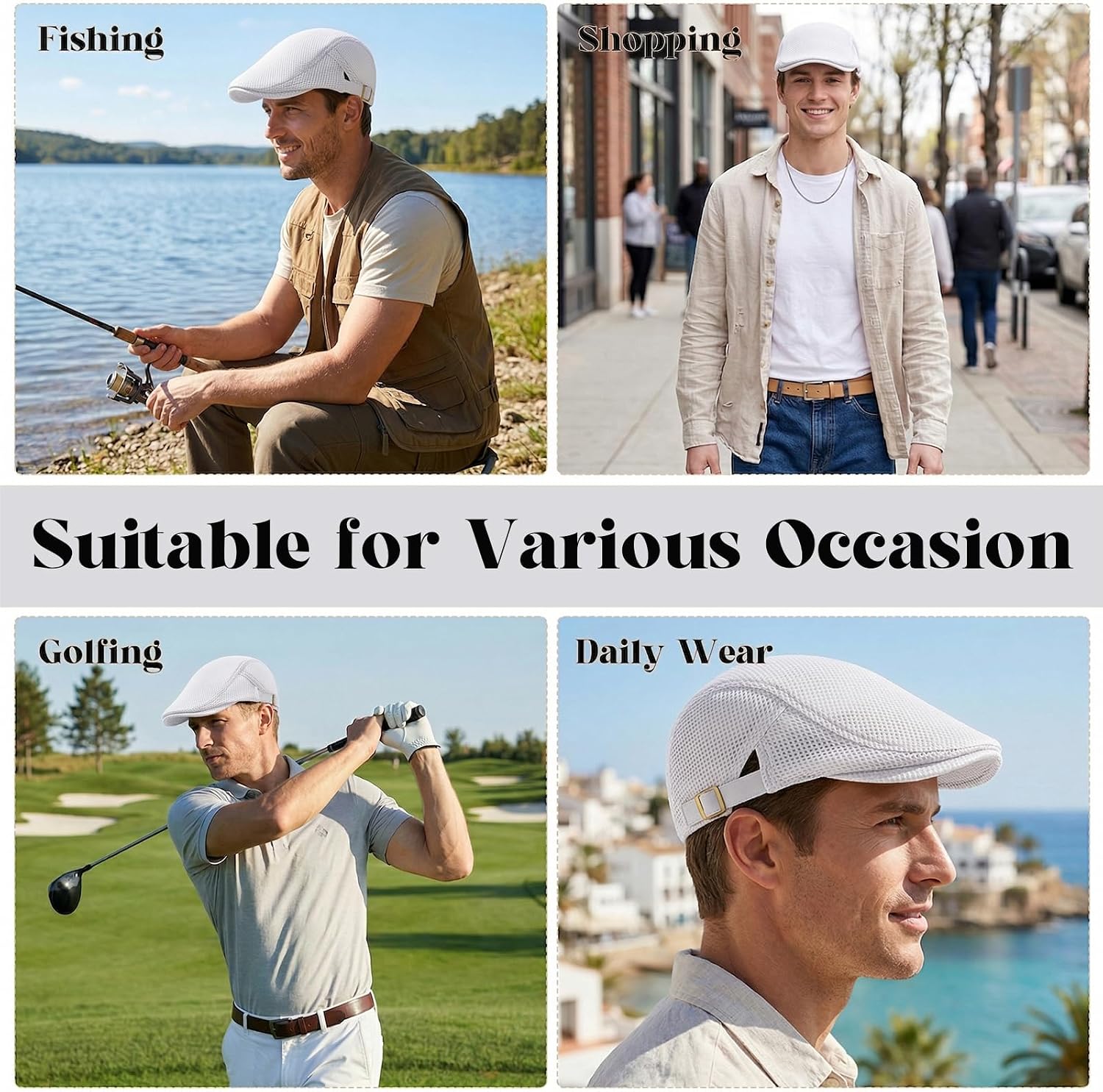 Mens Newsboy Cap Breathable Mesh Summer Flat Cap for Men Adjustable Beret Ivy Cap Golf Cabbie Driving Hat