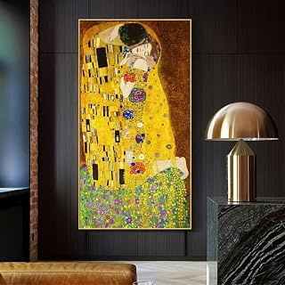 AIUOIU Gold Frame Wall Decor Famous Art Canvas Kiss Painting By Gustav Klimt Printed on Canvas Art Posters and Prints Living Room 90x156cm/35x61inch With Golden Framed Ready to Hang