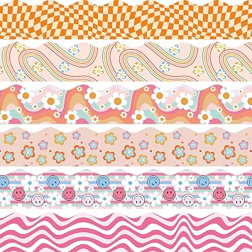 VABAMNA Bulletin Board Borders Groovy Classroom Decorations, 84ft Retro Bulletin Board Trims Happy Face Flower Daisy Plaid Classroom Wall Door Decors for Teacher School Office Supplies
