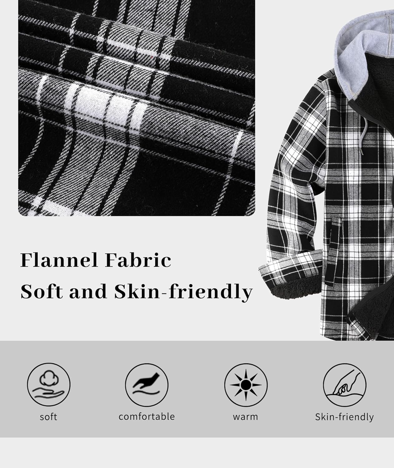 ZITY Men's Flannel Fleece Hoodie Plaid Sherpa Lined Jackets Zip Up With Pocket - Image 6