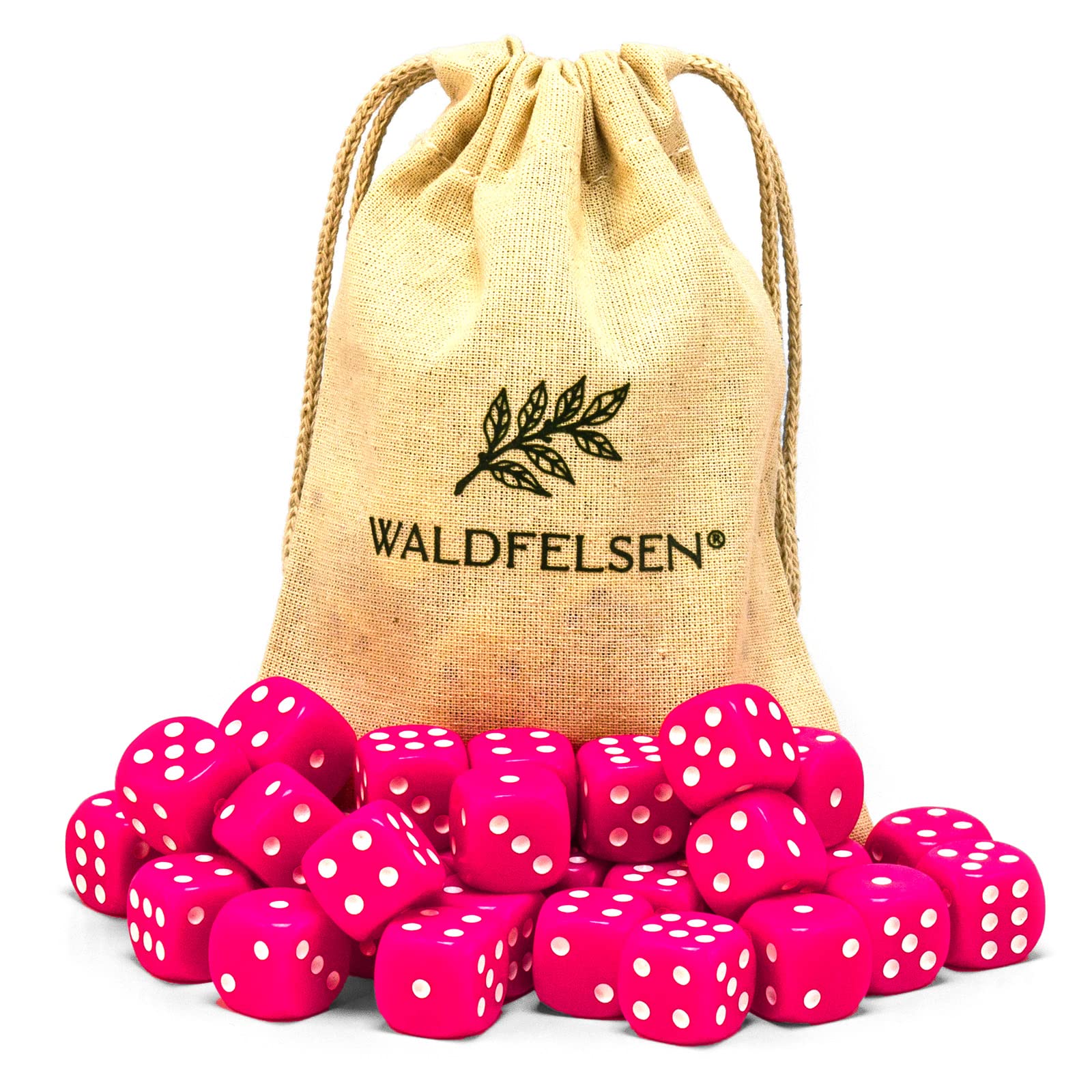 Waldfelsen® 6, 12, 20, 30 or 50 High Quality Dice Standard Size 16 mm Acrylic Cube Puzzle Play Cube Dice 6-Sided Six-Sided Play Accessory Set with Cloth Bag (Pink, 30 Pieces)