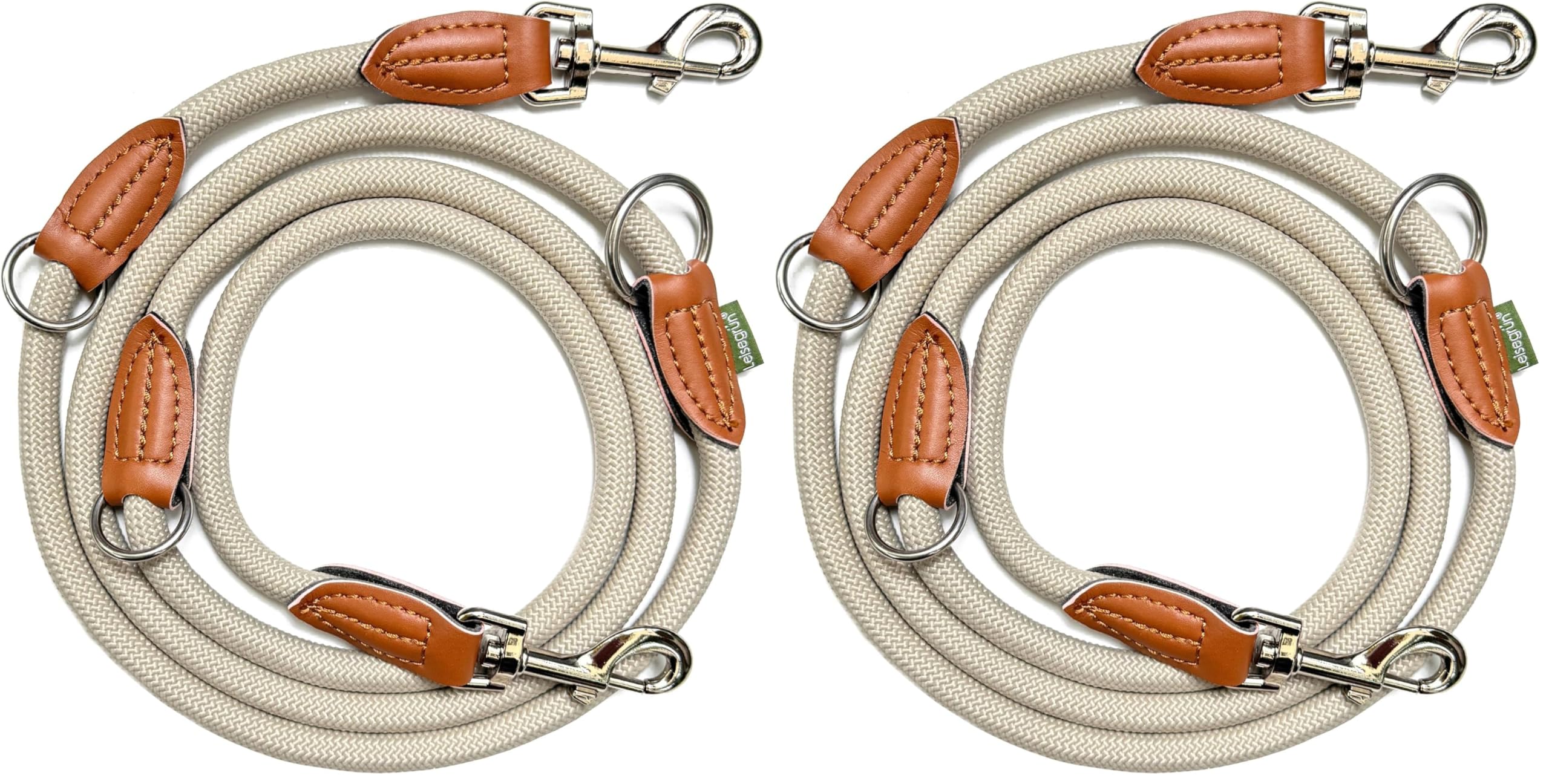 Leisegrün Verstellbare Hundeleine 2m | Freihand & 3fach verstellbar | Nur 260 g leicht | Für große Hunde - Sand (Packung mit 2)