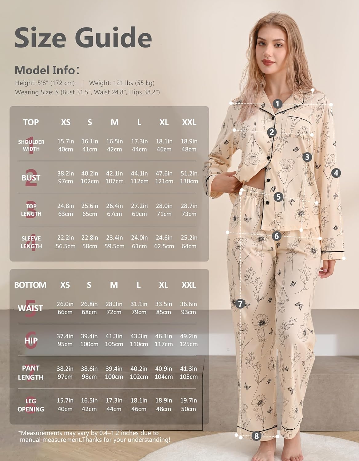 100% Cotton Pajamas for Women 2 Piece PJs Set Poppy Lines S Long Sleeve with 3 Pockets Sleepwear (YSHD,S) - Image 4