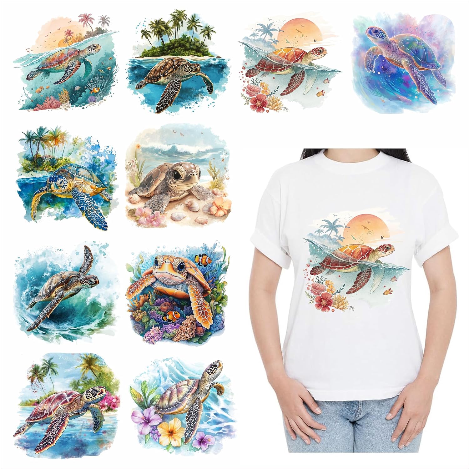 Ready-to-Use DTF Heat Transfer Stickers - 10-Piece Sea Turtle Marine Animal Iron-On Patches for T-Shirts/Pillows/DIY