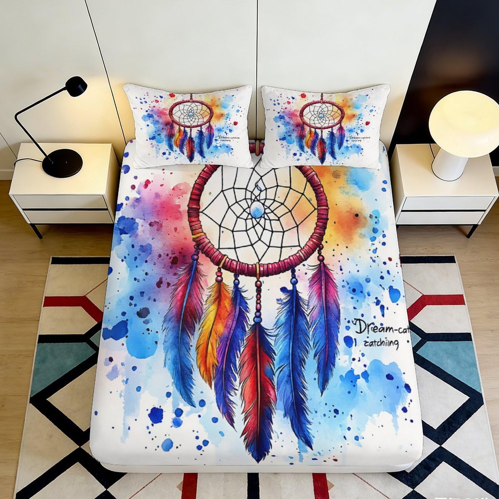 Pnayamiorkfel Style-10 3D Printed Dreamcatcher Fitted Sheet Microfiber Colourful Feather Bed Cover For Bedroom Dorm Mattress Protection Decor 90X200x25cm