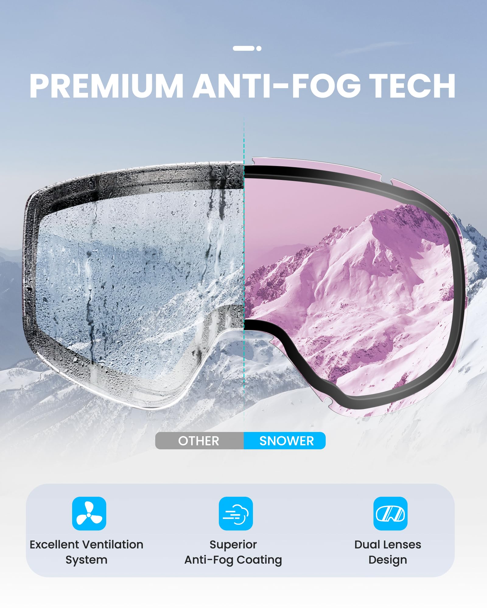 SNOWER Lunettes de ski sphériques OTG anti-buée HD avec protection UV400 pour hommes, femmes et jeunes