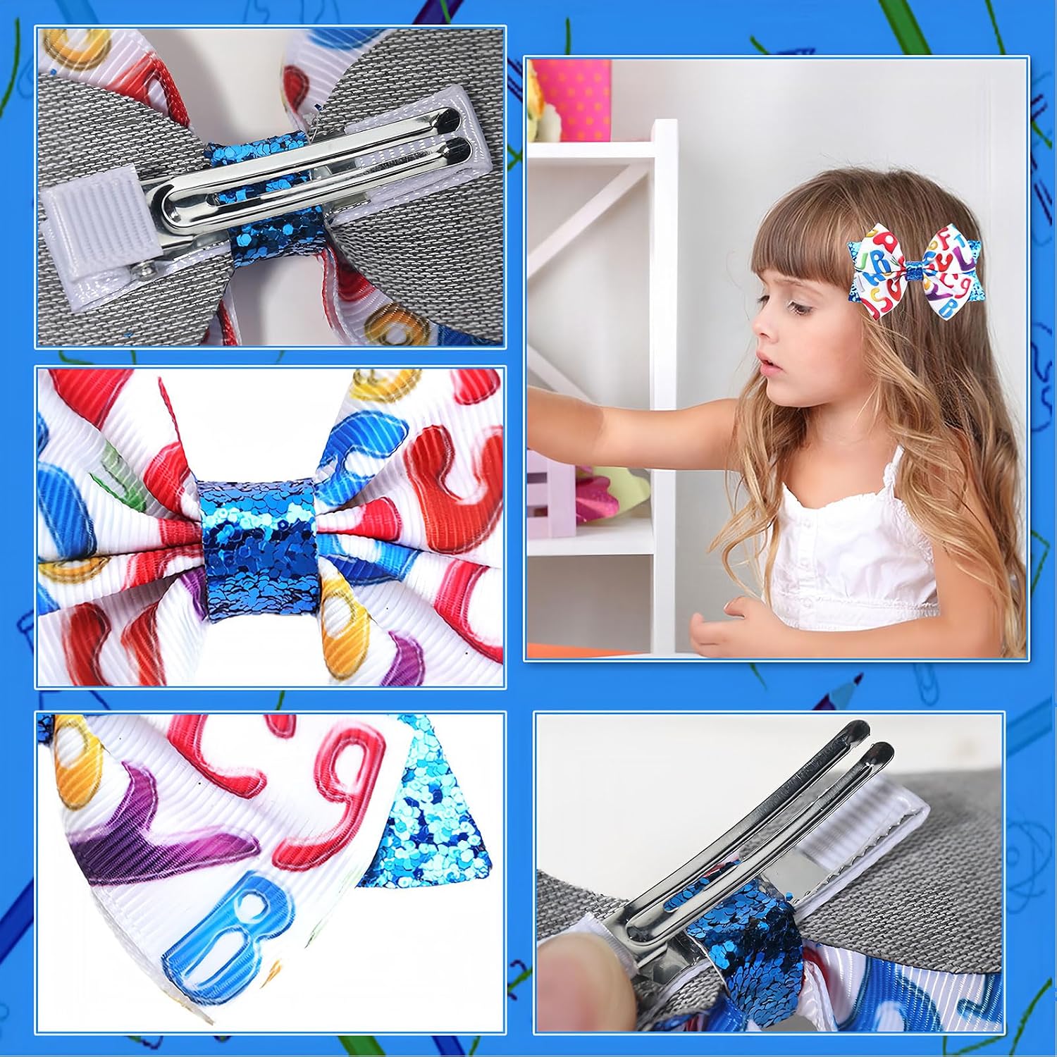 2pcs Back To School Hair Clips Colorful Letter Bow Hair Accessories Blue Sequin Hair Bows Shiny Cartoon Hair Bow Clip Cute Hair Pins For Women Girls Toddler Students First Day Of School image 5