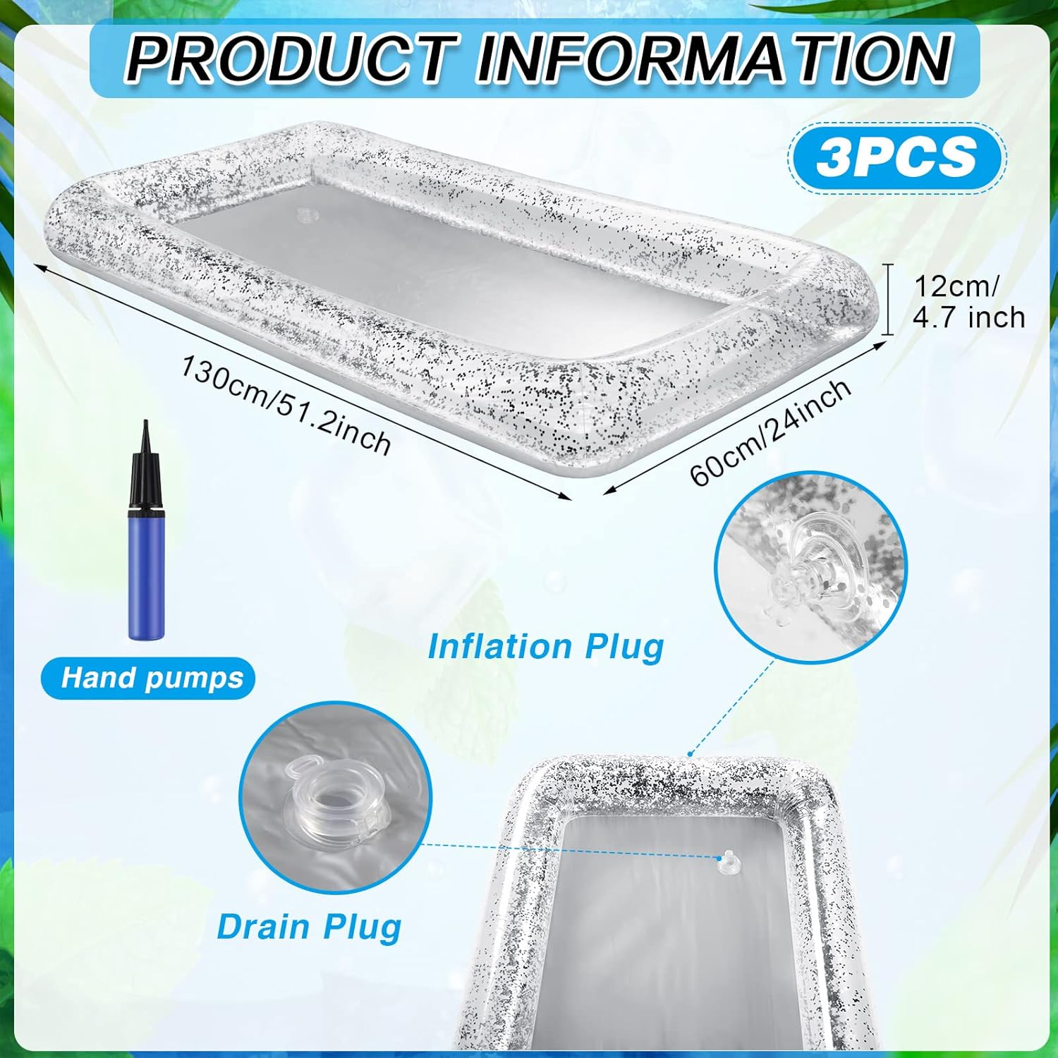 3 Pcs Inflatable Serving Bar Salad Ice Tray Food Drink Candy Buffet Containers Picnic Pool Inflatable Cooler with a Drain Plug and a Hand Pump, 53 x 23.6 x 4.7 Inch(Silver)