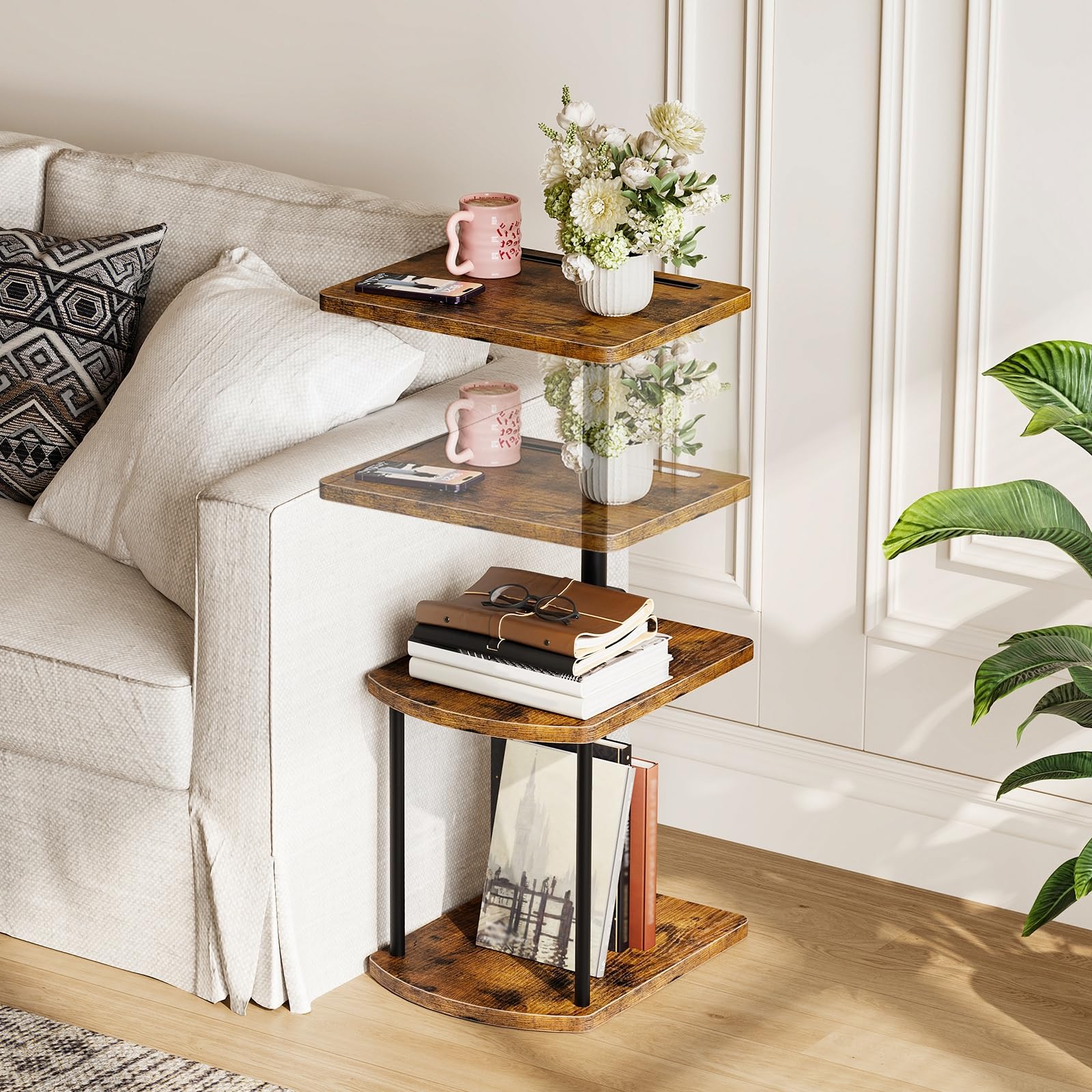 HOOBRO 3-Tier Side Table, Adjustable Height Sofa Table, C Shaped Side Table with 360° Swivel Tabletop and Tablet Slot, Small Table Bedside Table for Small Spaces, Rustic Brown and Black EBF35SF01