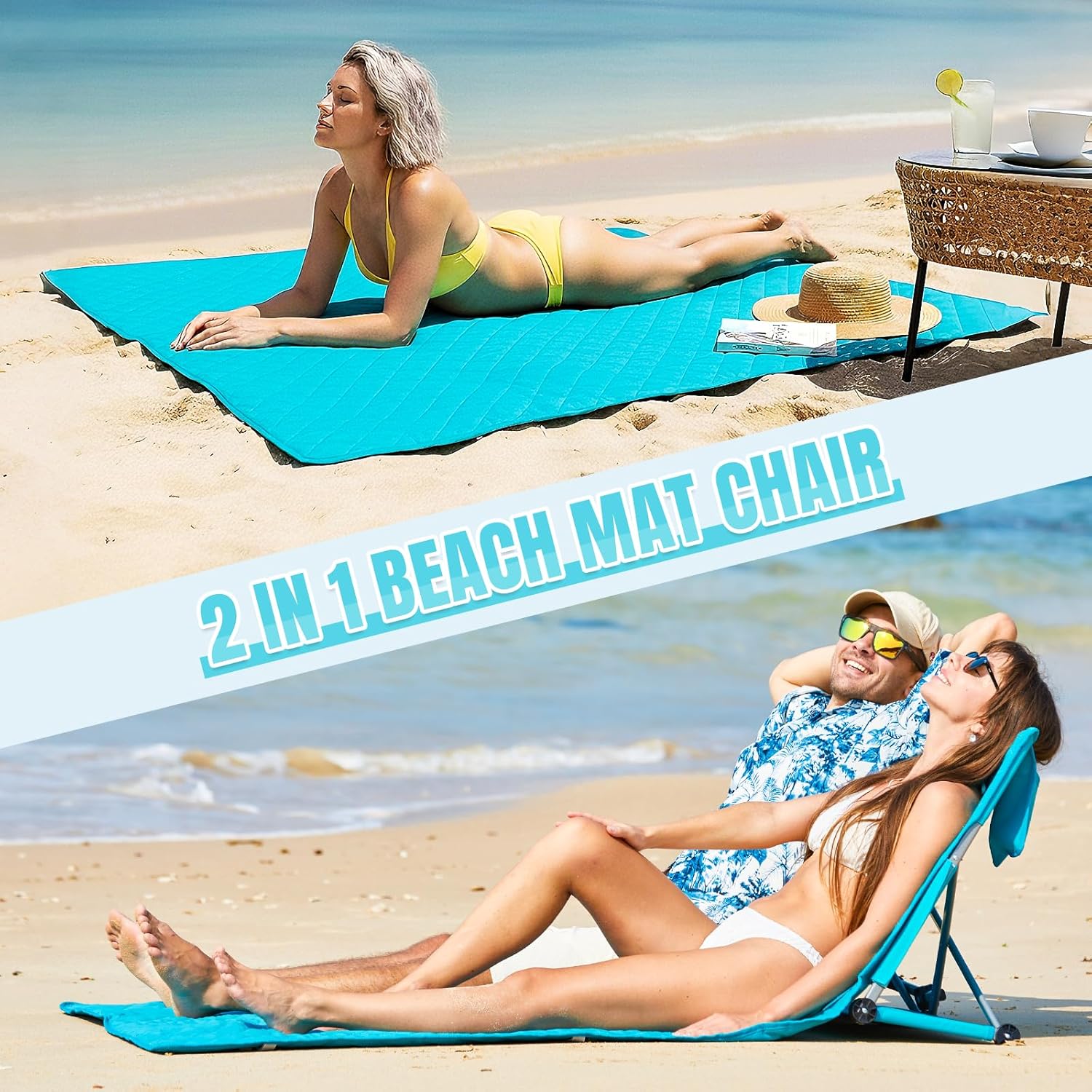 #WEJOY Double Beach Lounge Chair, Collapse Folding Lightweight Mat, Portable Ground Beach Chairs with Padded Seat & Stepless Backrest for Beach Sand Outdoor