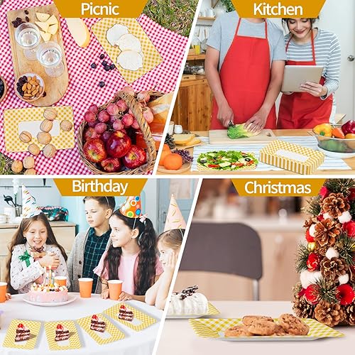 Miniatura 4 de DYLIVeS Platos a cuadros amarillos y blancos, bandejas de papel desechables de papel a cuadros amarillos de 9.1 x 5.7 pulgadas para aperitivos de