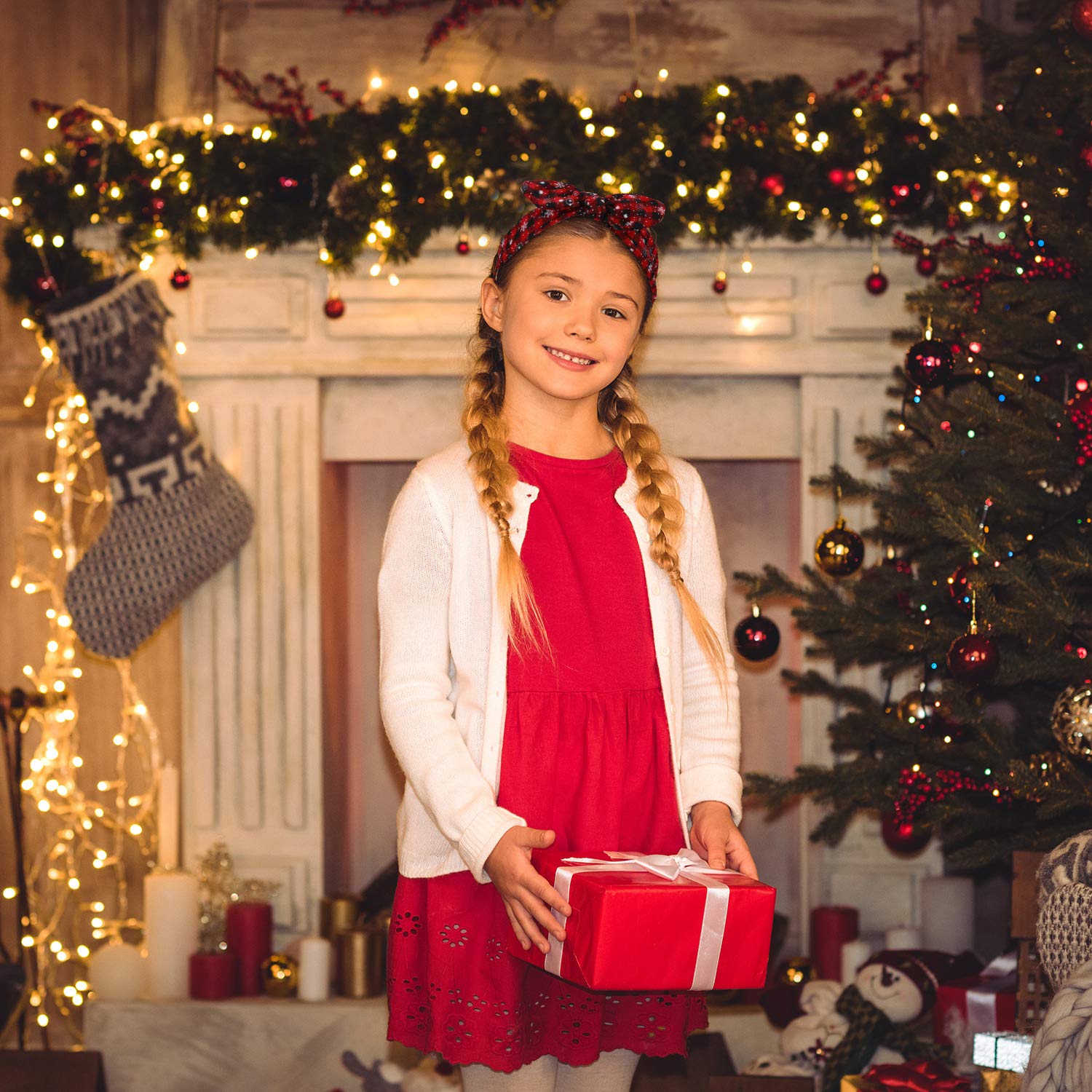 Blulu Christmas Headbands Red Plaid Headbands Snowflake Bow Bandana Knot Headwrap Retro Elastic Rabbit Ear Hairband for Girls and Women Christmas Party (Cute Patterns)