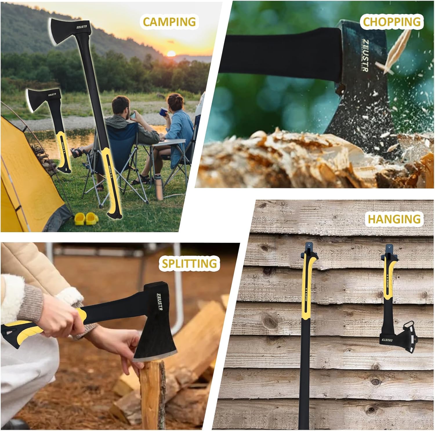 36” Long Camping Axe, Forged Steel Blade with Shock-Absorbing Handle, Outdoor Hatchet for Camping&Kitchen, Wood Chopping and Kindling