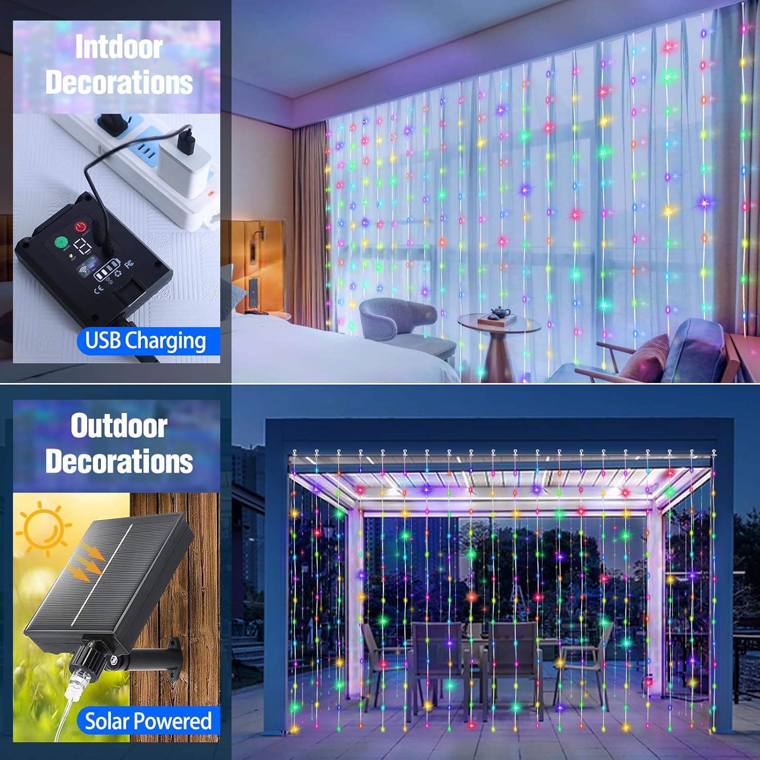 Upgraded Solar Curtain Lights Outdoor Waterproof 600 LED Waterfall String Lights 8 Modes Remote Type C Charging Hanging Twinkle Fairy Lights Dimmable for Christmas Gazebo Party Wedding Window