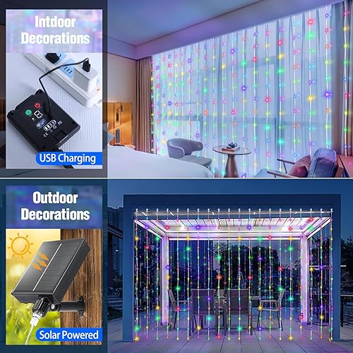 Miniatura 6 de Upgraded Solar Curtain Lights Outdoor Waterproof 600 LED Waterfall String Lights 8 Modes Remote Type C Charging Hanging Twinkle Fairy Lights