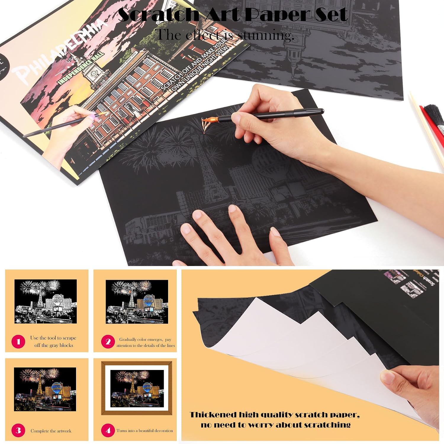 Scratch Painting & Scratch Art for Adults 8pcs Rainbow City Night View Scratch Cards, Paint by Scratch Paper Art Set