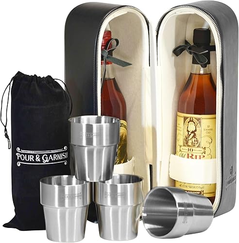 Miniatura 9 de POUR & GARNISH Bourbon Wine & Whisky Bolsa de mano doble botella con 4 aislantes de doble pared - Vasos de acero inoxidable - Es un gran regalo!