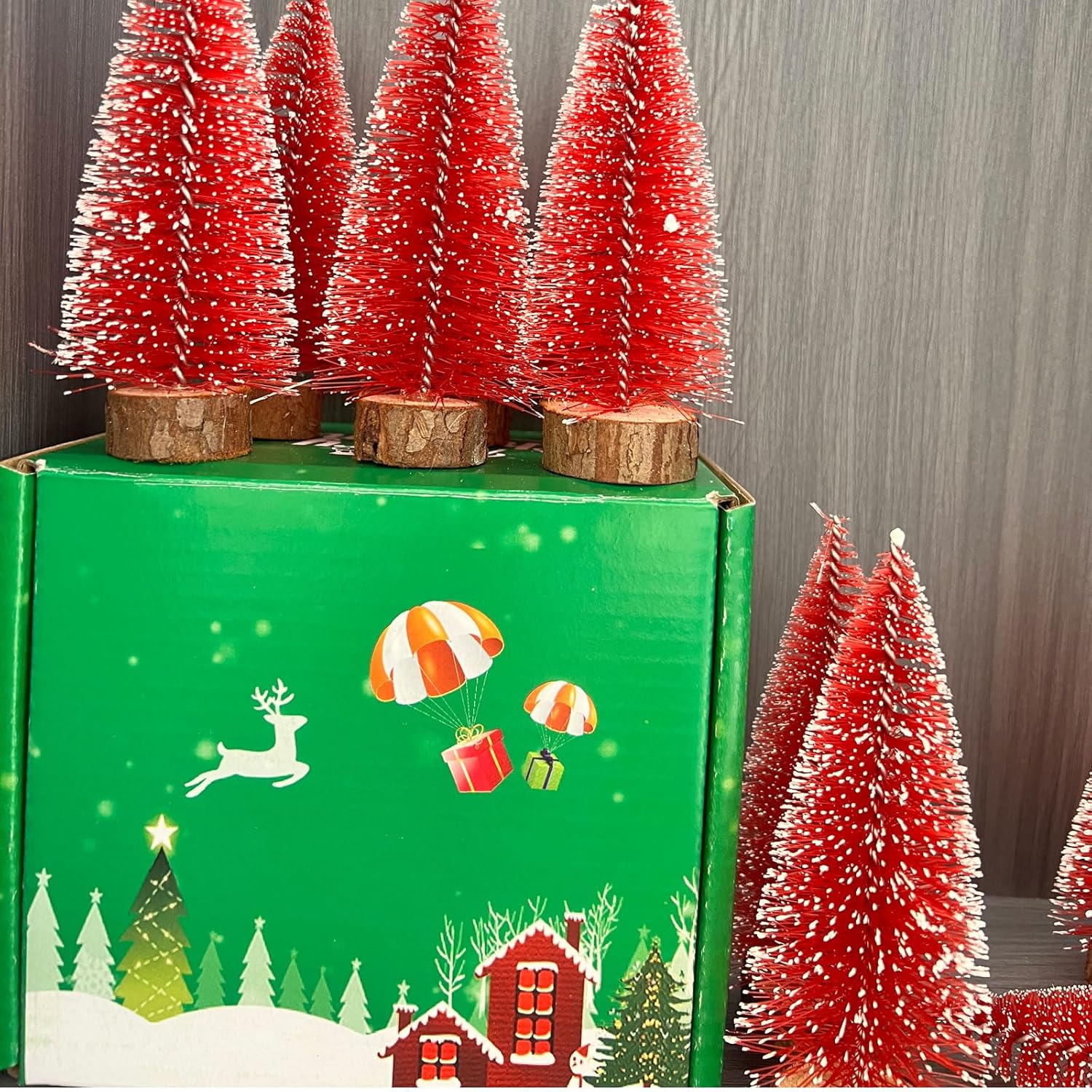 10pcs 4inch Mini Christmas Tree Bottle Brush Trees Chrismas Village Trees Ornaments Mini Plastic Christmas Trees with Wooden Base for Christmas Decoration Miniature Chrismas Tree (Red) - Image 3