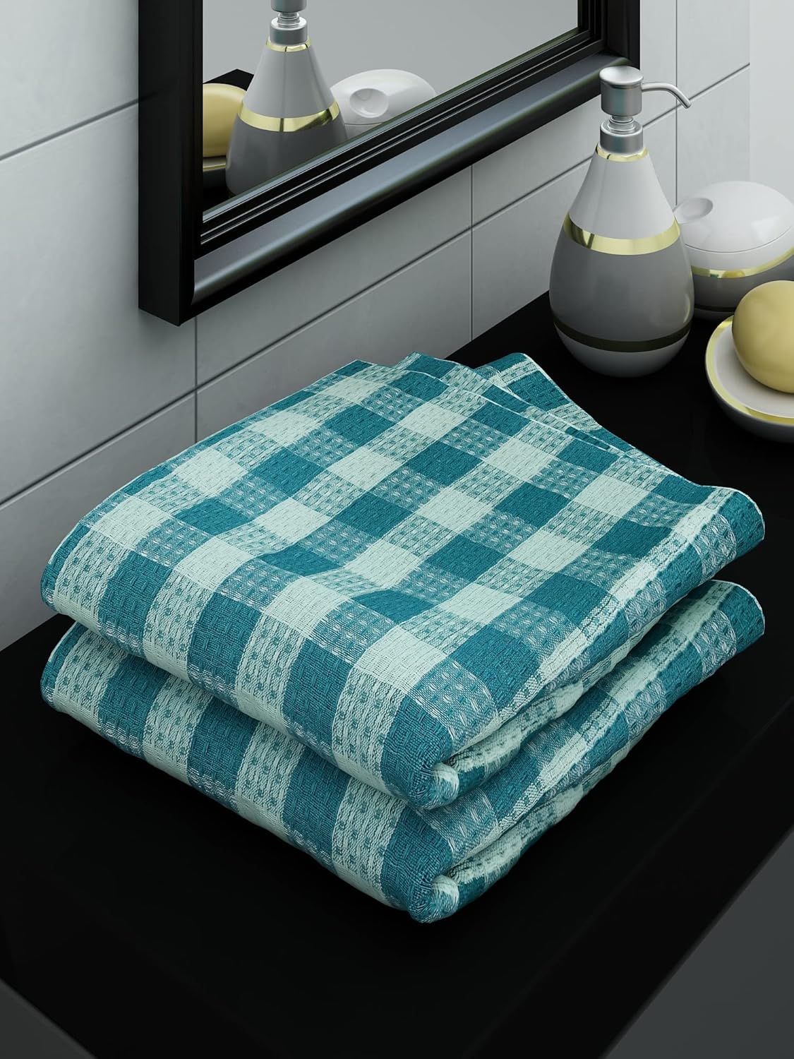 Athom Living Ecosaviour Premium Cotton Bath Towel Green Checkers (Pack