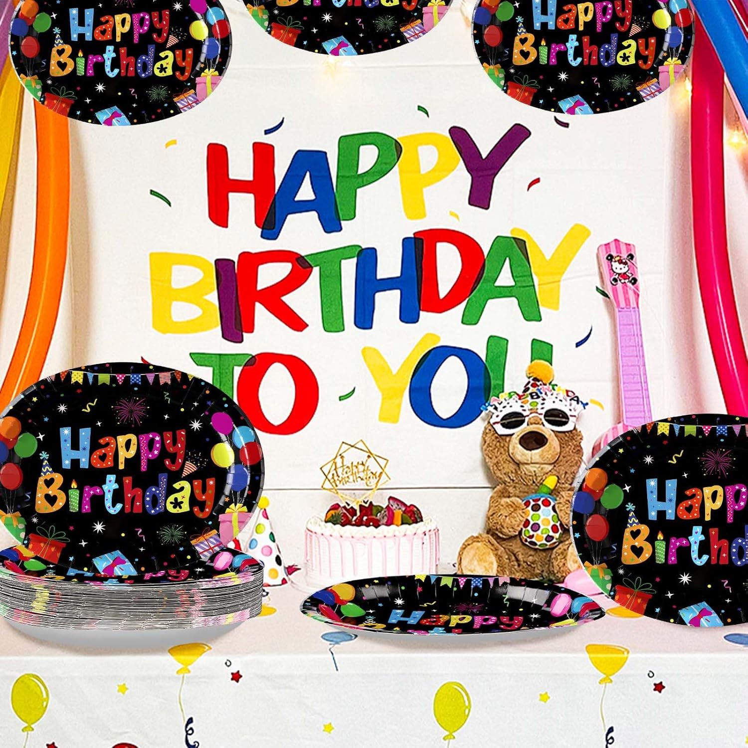 50 Pcs Happy Birthday Oval Paper Plates 10"x12" Large Colorful Black Birthday Plates Disposable Heavy Duty Birthday Theme Party Plates Happy Birthday Party Supplies for Boys Girls Birthday Party Decor