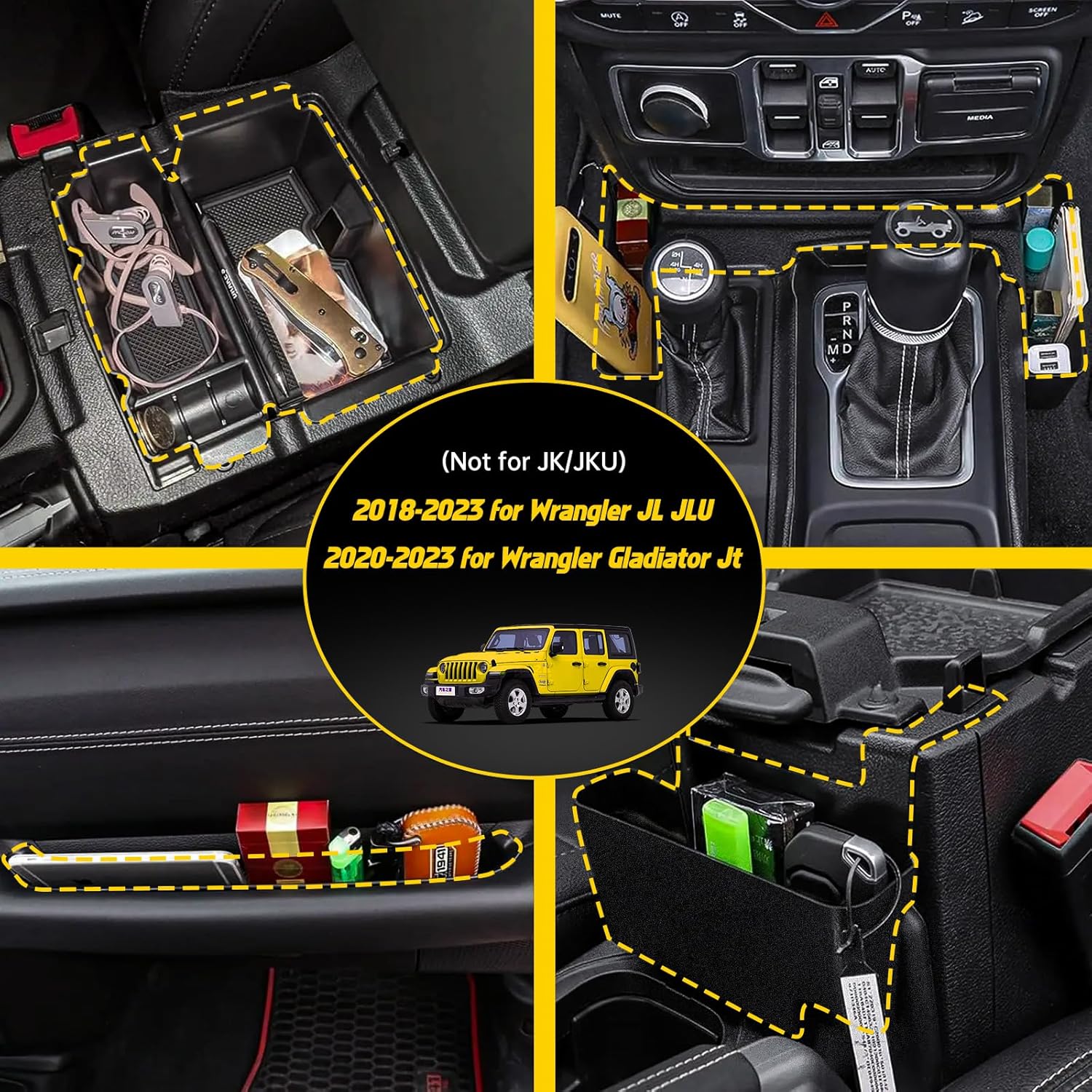 MIKKUPPA 4PCS Center Console Organizer Compatible with 2018-2023 Jeep Wrangler JL JLU, 2020-2023 Jeep Gladiator JT, Gear Shift Side Tray, Hanging Armrest Storage Box,Co-Pilot Organizer