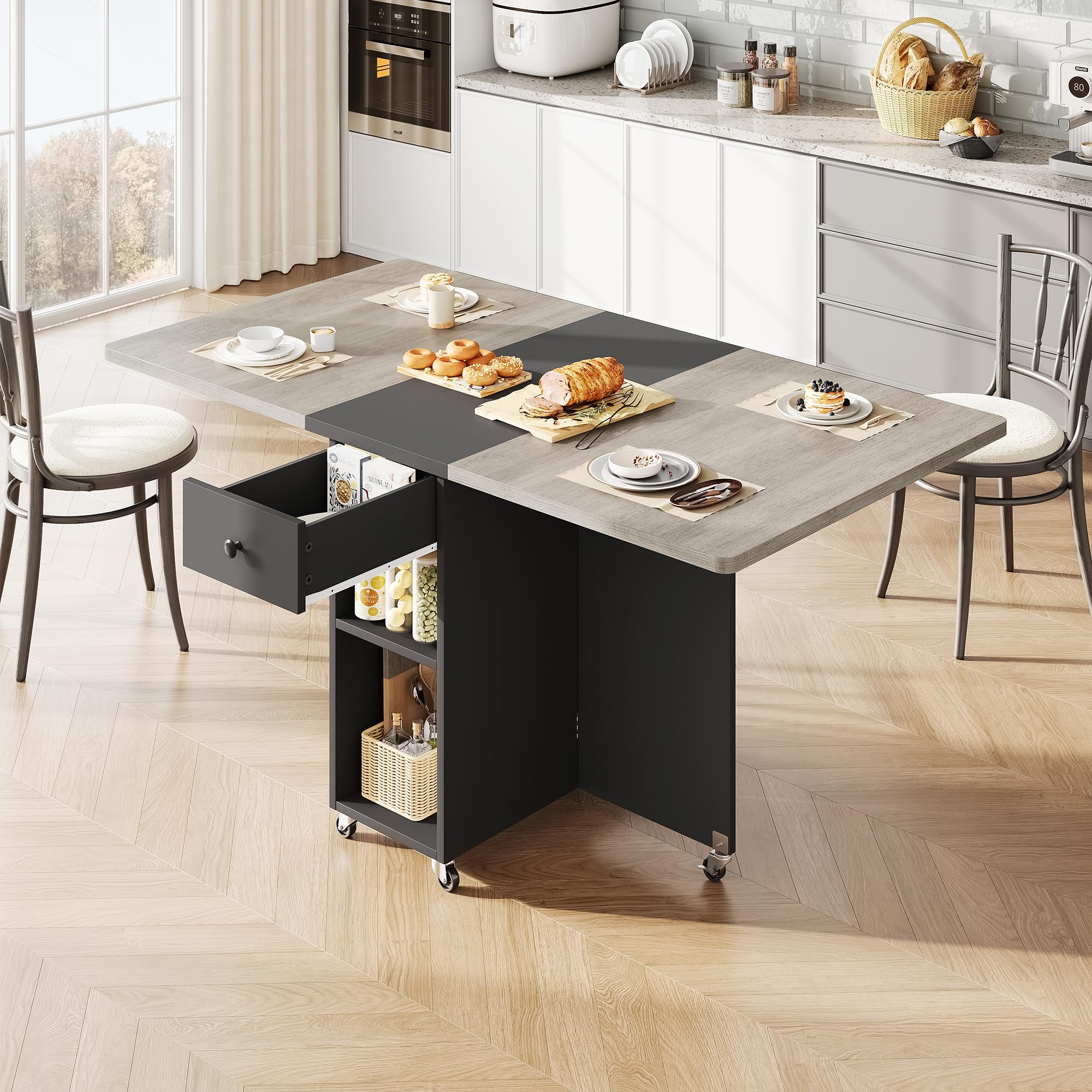 Jocoevol Table à Manger Pliable Gain de Place pour 4 Personnes, Table de Repas Pliante avec Tiroir et étagère de Rangement, Table de Cuisine et de Salle à Manger à Plateau Rabattable équipée (Gris)