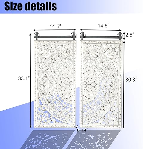 Miniatura 6 de LuxenHome - Arte de pared de madera tallada, esculturas de pared de madera de 33 pulgadas, paneles 3D con patrón floral, decoración de pared de