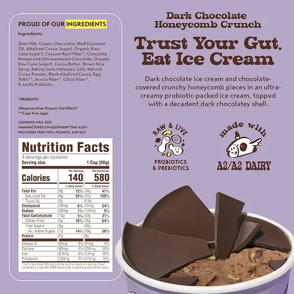 Alec's Culture Cup Dark Chocolate Honeycomb Probiotic Ice Cream, 4 Count | 140 calories, 9g sugar, live probiotics, crackable shell, 3.5oz single serve cups, grass-fed A2/A2 dairy, gluten free 2