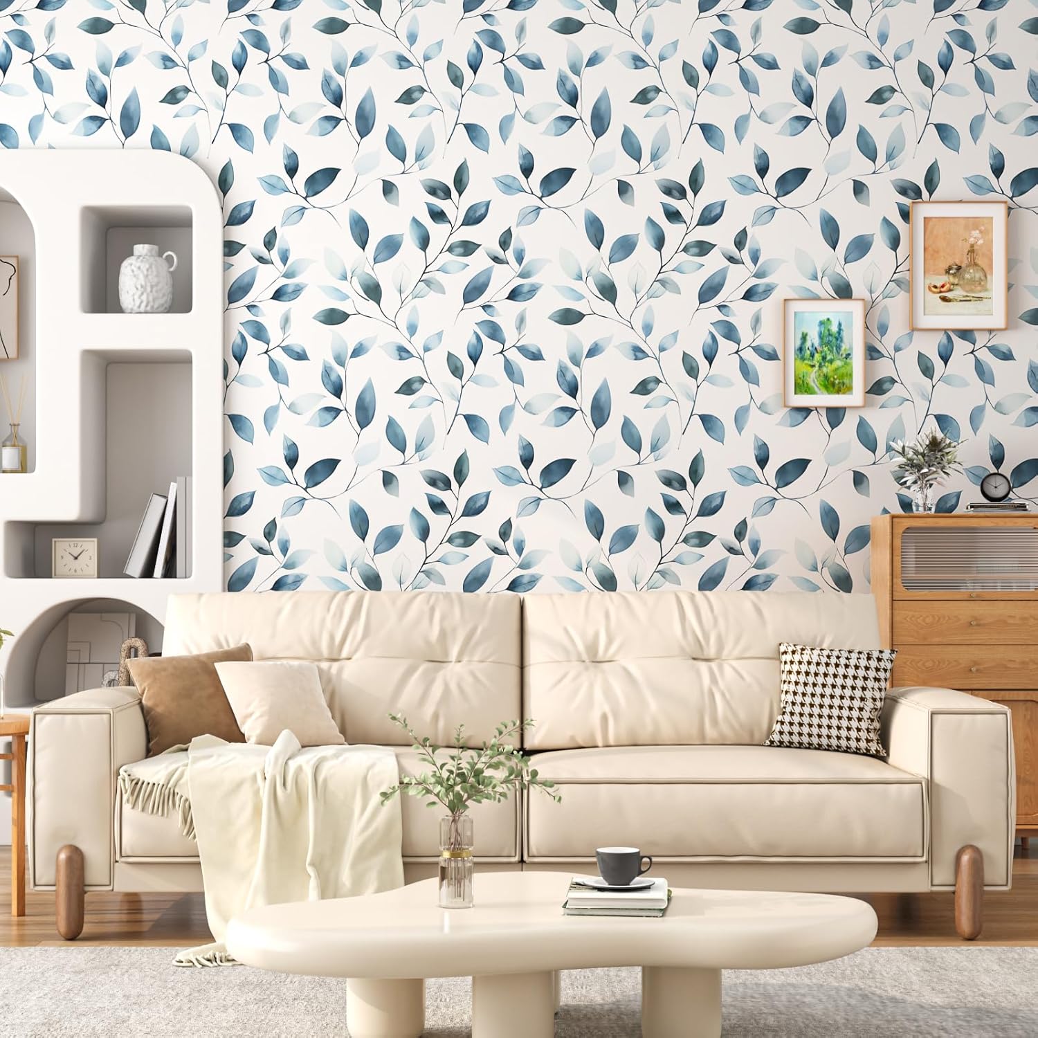 Fvlow Blue Leaf Wallpaper Peel and Stick Boho Floral Leaf Self-Adhesive Contact Paper 17.4" x 394" Vintage Watercolor Floral Waterproof Wall Paper for Bathroom Bedroom Countertop Desk Cabinets Decor