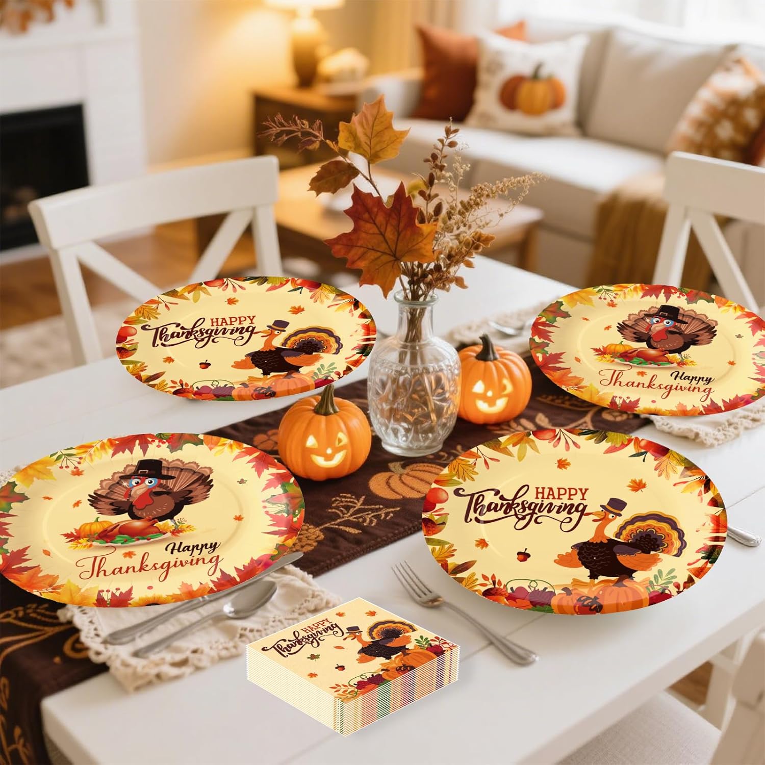 100Pcs Thanksgiving Oval Paper Plates and Napkins Set, 10" x 12" Turkey Designed Party Plates, Large Disposable Dinner Plates for Fall Party and Thanksgiving Day