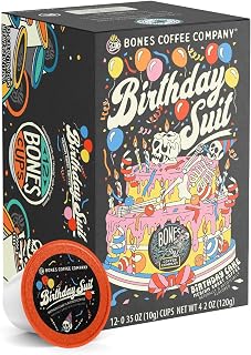 Bones Coffee Company Birthday Suit, Birthday Cake Flavored Coffee Pods, Low Acid Medium Roast Single-Serve Bones Cups, Compatible with 1.0 & 2.0 K-Cups Brewers Coffee Maker, 12 Count