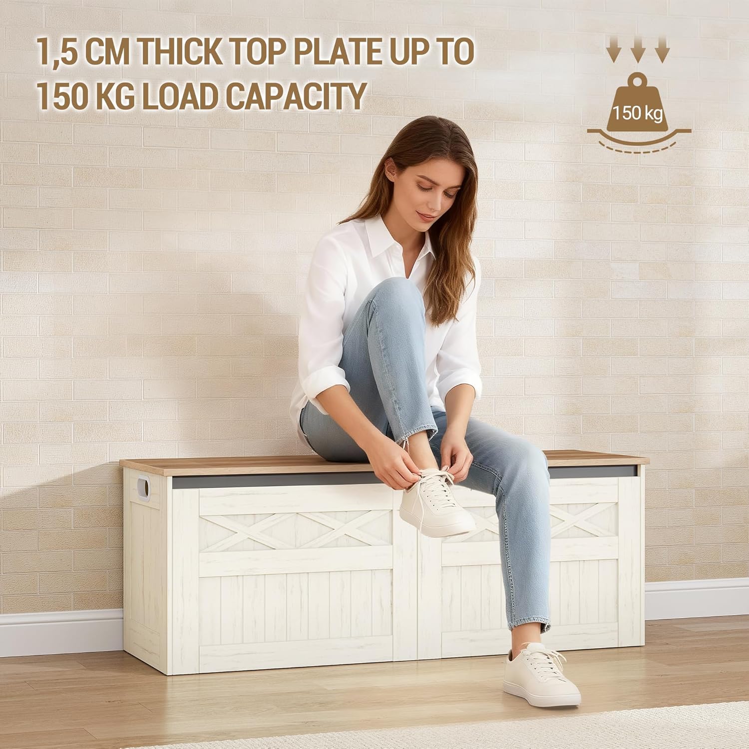 47.2" Storage Chest, Large Storage Bench with 2 Hinges, Farmhouse Wooden Box Bench, Lift-Top Organizer Chest, Wooden Bed End Bench, Suitable for Entryway, Bedroom, Retro White SB51214X