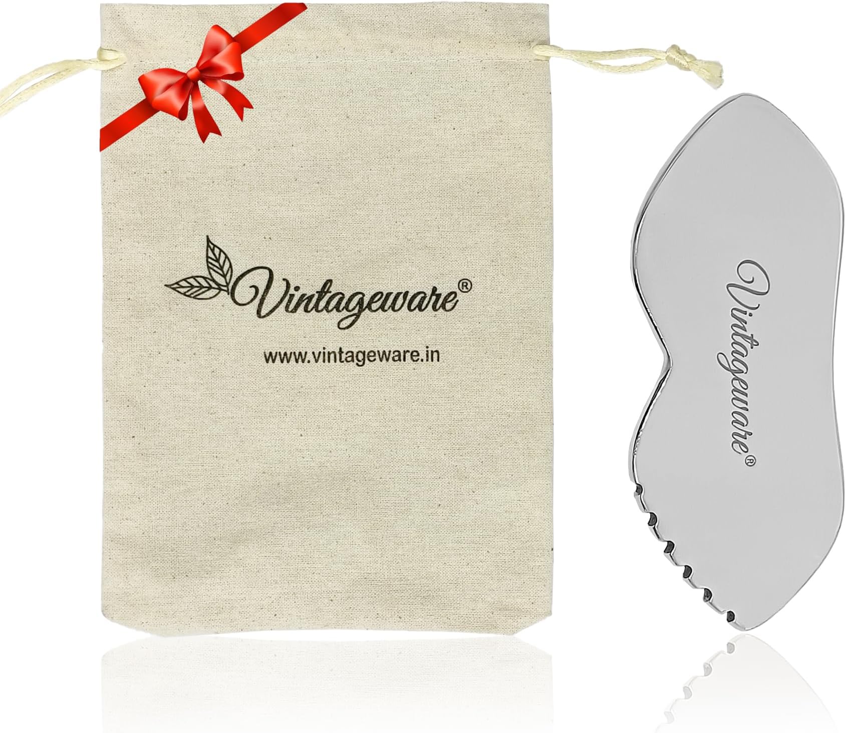 Vintageware Stainless Steel Lip Shape Gua Sha for Facial Skin Care Scraping Massage Tool with Comb Teeth | Facial Massage, Used for Face, Neck, and Around Lips with Travel Pouch or Case