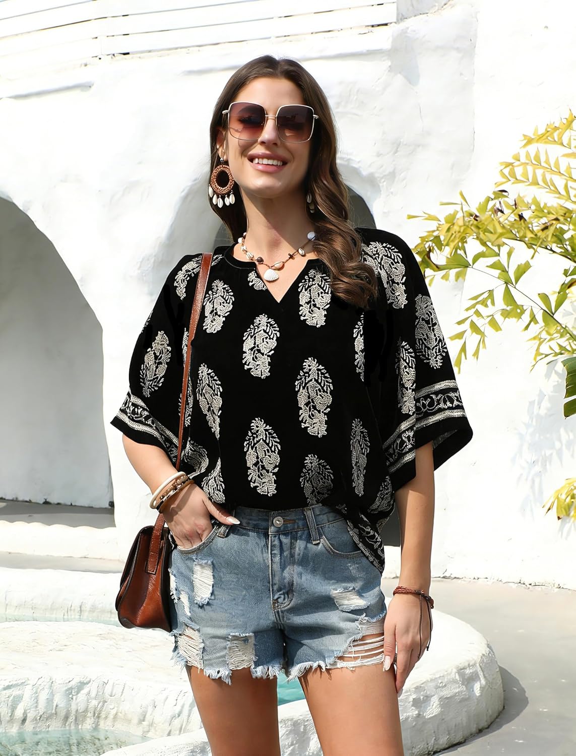 Womens 3/4 Length Sleeve Boho Tops V Neck Short Sleeves Bohemian Blouses Cute Pleated Loose Fit Dressy Tunic Shirts - Image 2