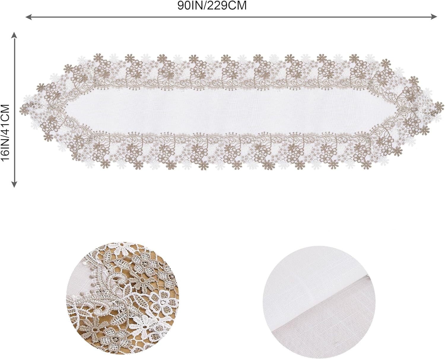 White Beige Floral Lace Table Runner Dresser Scarf 90 inches Long for Kitchen Dining Coffee Table Parties Wedding Home Decor (White, 16” x 90”)