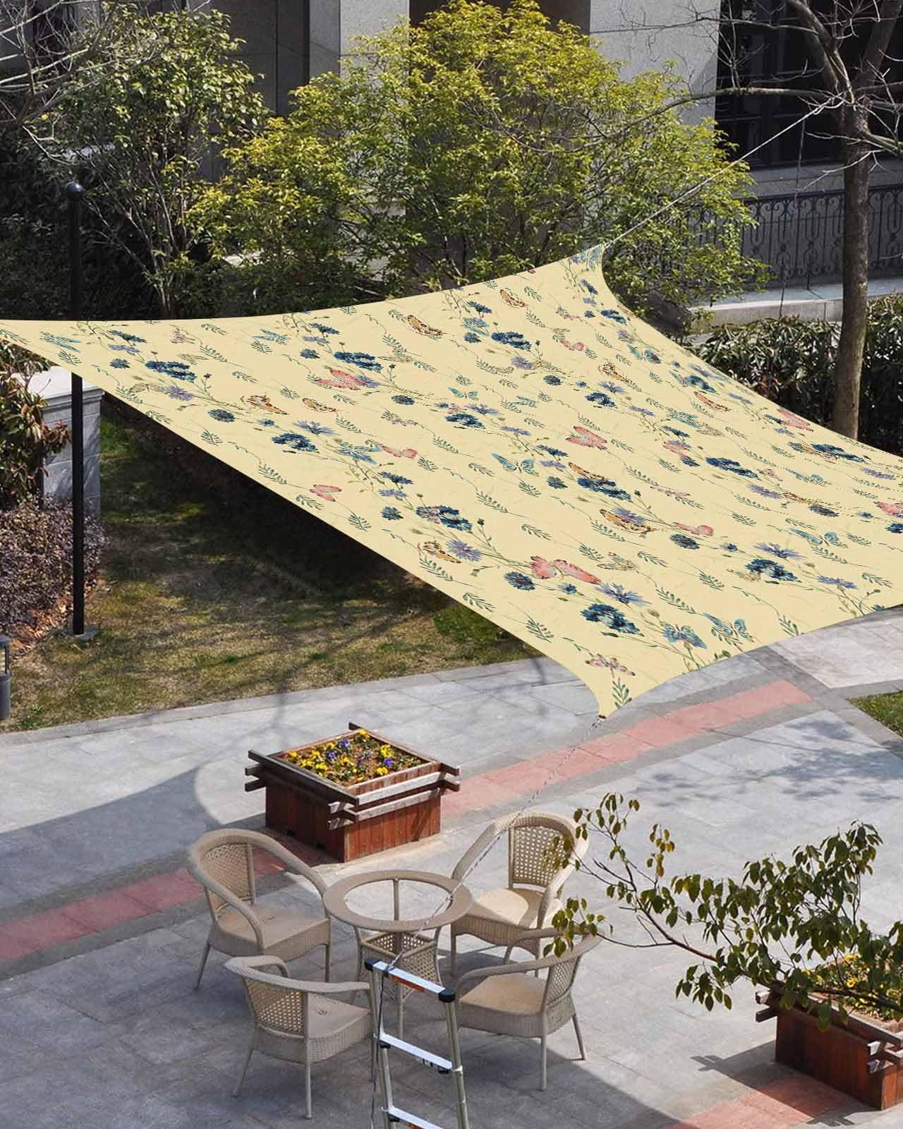 Waterproof Sun Shade Sail Retro Flowers Floral with Leaves Butterfly Yellow Outdoor Patio Sun Shades Canopy UV Block Water Resistant Sunshade for Garden Backyard Deck Pergola 8x10 Ft