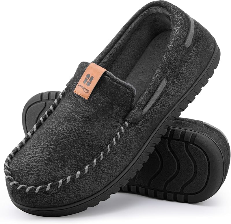 HomeTop Men's Suede Memory Foam Moccasin Slippers Warm Lining House Shoes | Indoor and Outdoor, Machine-washable, Gifts, Comfortable, Soft, Non-Slip, Faux Suede, Breathable